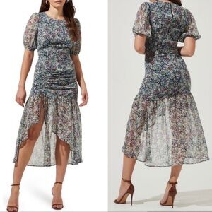 ASTR The Label Puff Sleeves Drop Waist Floral Adjustable Ruched Midi Dress L NWT